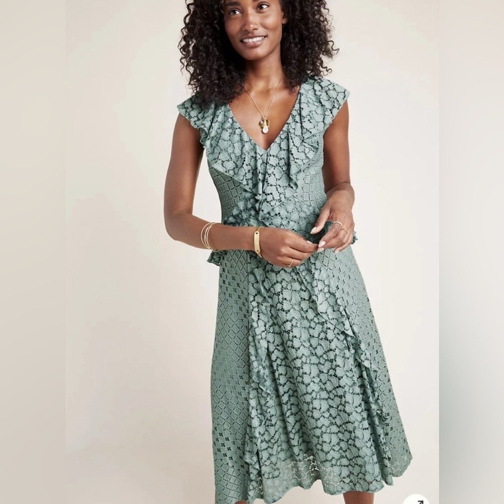 ANTHROPOLOGIE Antoinette Ruffled Midi Dress Green Ruffle Long Dress 4